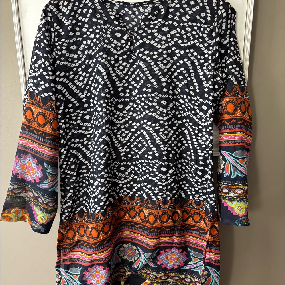 Boho Semi Sheer Tunic Coverup. Patterned Print on Bell Sleeves and Hem. Medium